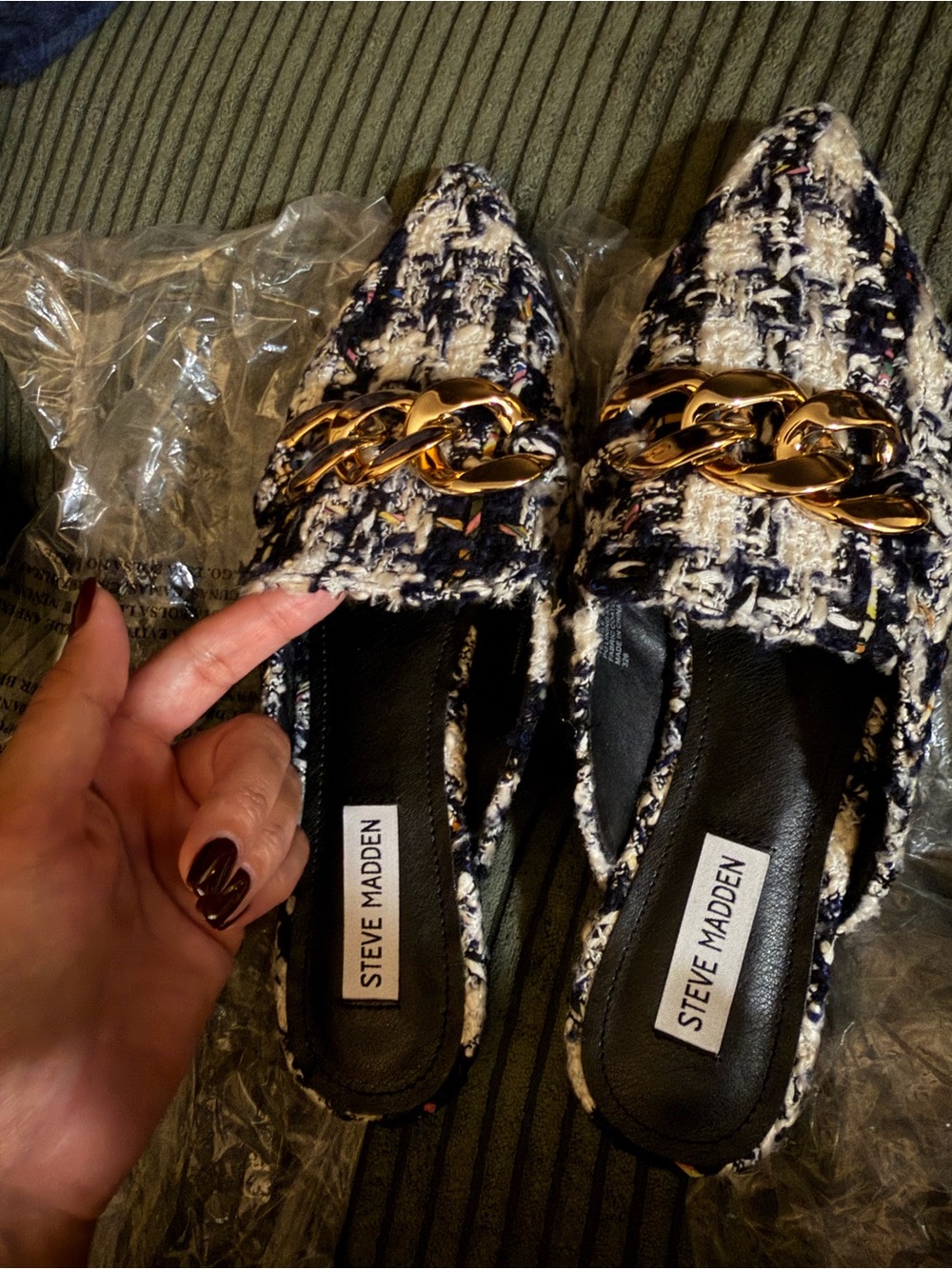 Steve Madden Navy Blue & White Tweed Pointed Mules with Gold Chain